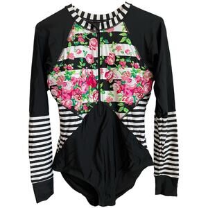 Unbranded UPF Rashguard black flora- line surf suit/swimsuit, women’s.
